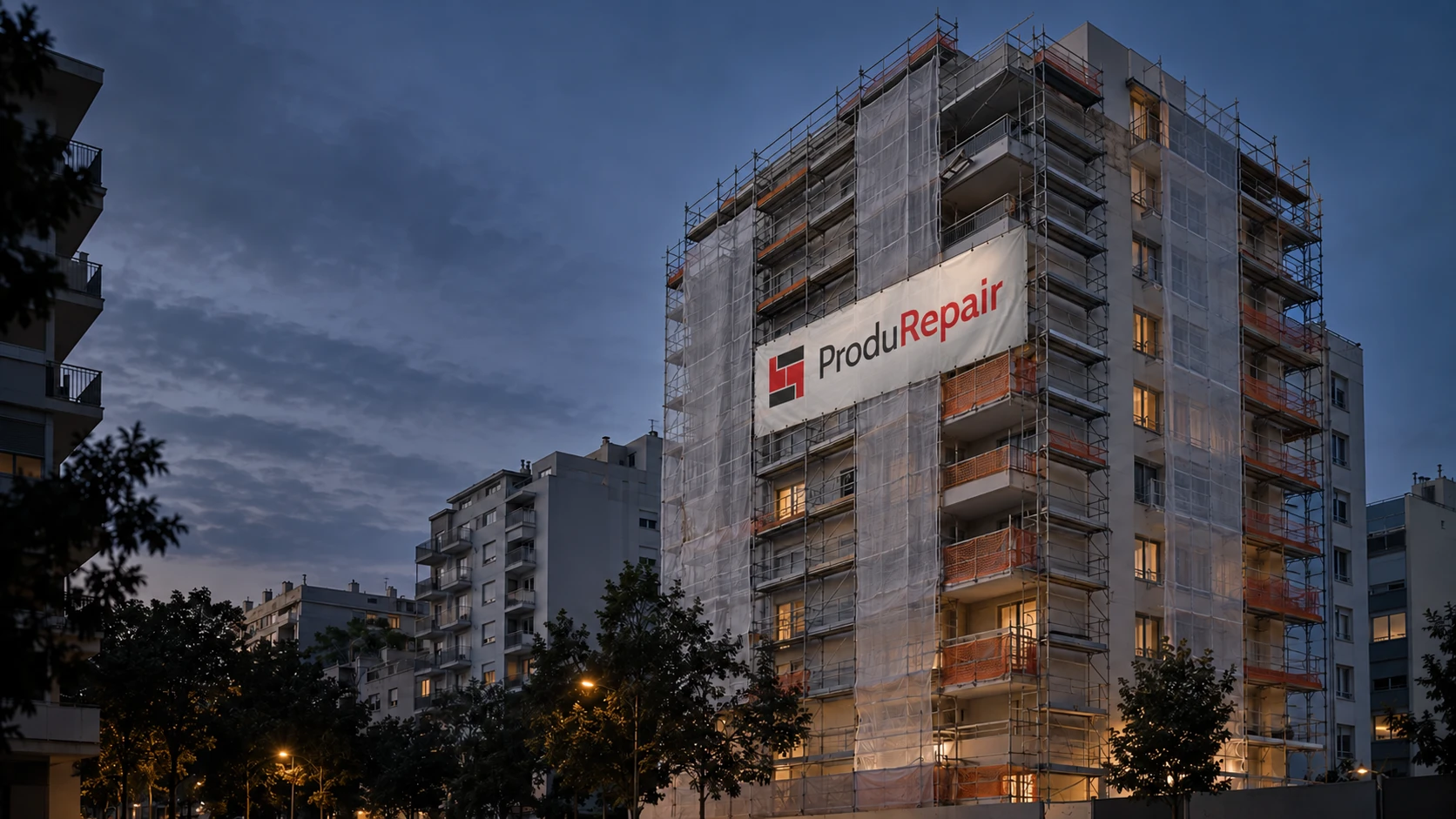Prédio habitacional com andaimes e lona identificativa ProduRepair ao entardecer — imagem conceptual criada com IA